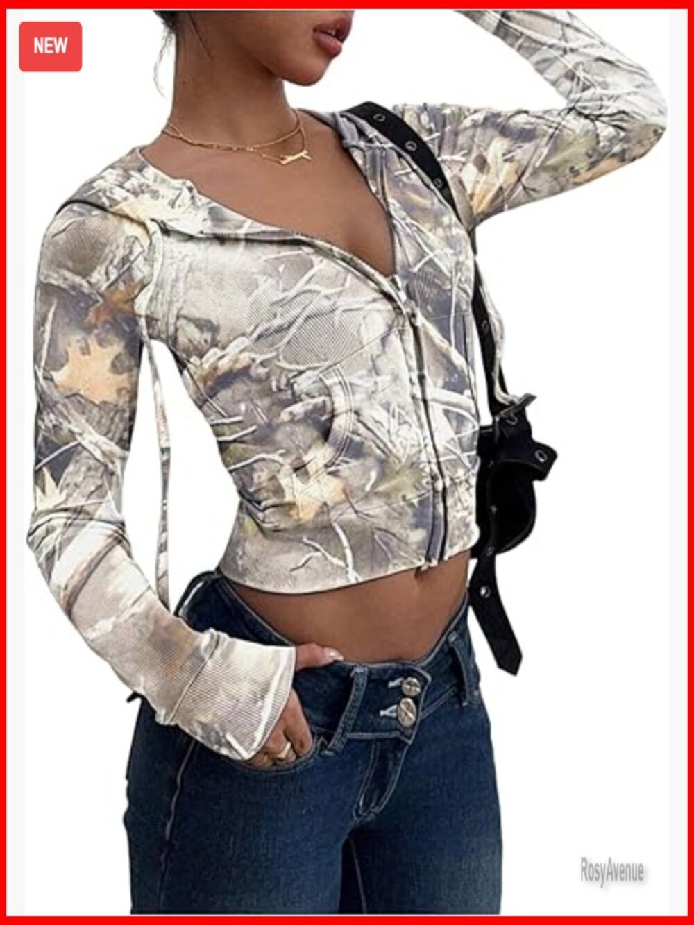 Cropped Camo Hoodie Zip Up Drawstring Long Sleeve Hooded Jacket Streetwear